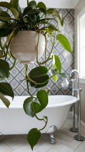 Philodendron 'Brazil' plant handing pot in bathroom