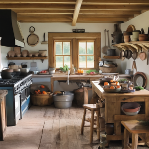 farm kitchen with cast iron skillet on bench