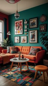 60s-inspired eclectic living room.wall art