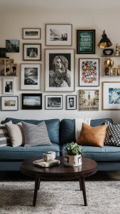 blue couch gallery wall eclectic living room.