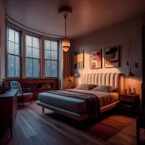 mid-century modern bedroom, surrounded by the warm embrace of wood tones, the soft glow of a vintage lamp, and the inviting texture of your plush area rug.