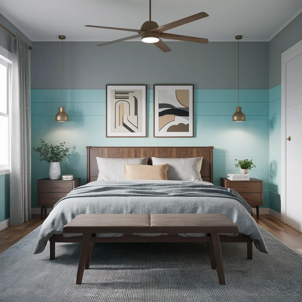 mid-century modern bedroom, surrounded by the warm embrace of wood tones, the soft glow of a vintage lamp, and the inviting texture of your plush area rug.