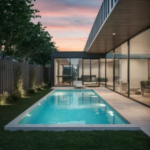 shipping container swimming pool in a small yard