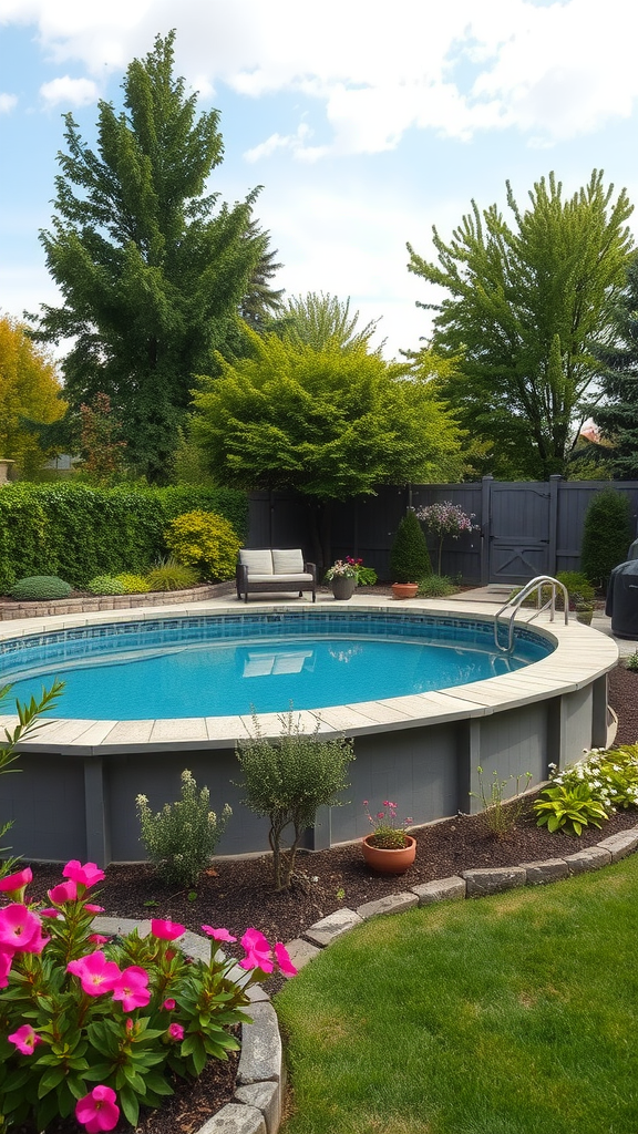 Above-ground kidney pool surrounded by landscaping and flowers.