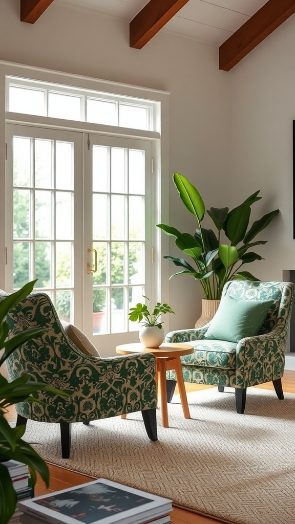 Two accent chairs with bold green patterns in a cozy living room setting.