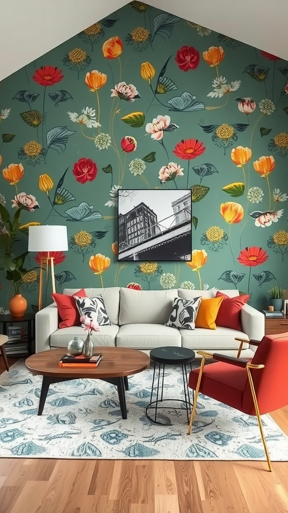 Living room with floral wallpaper accent wall and colorful furniture.