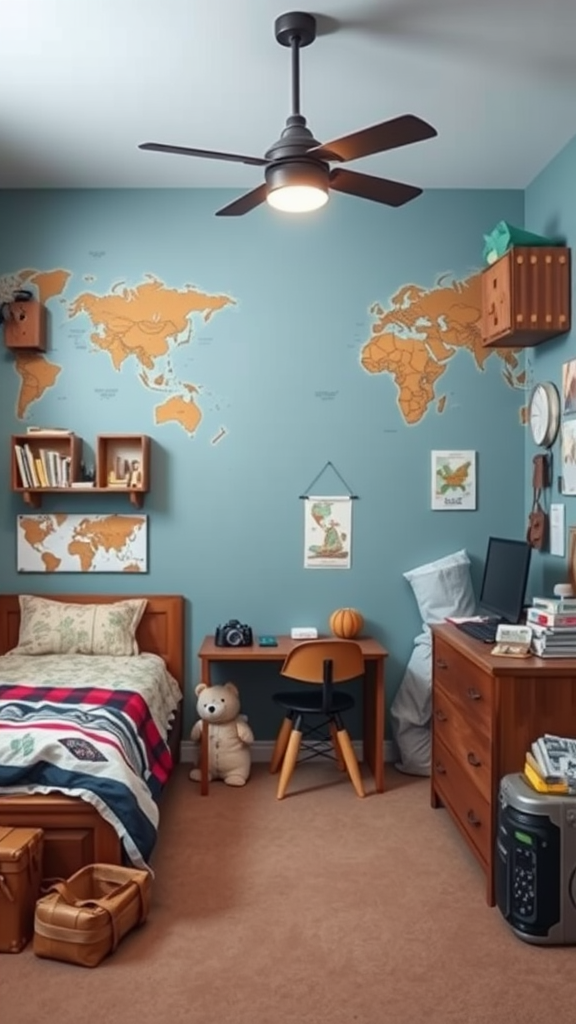 A boy's bedroom featuring a world map wall, cozy bedding, and adventure-themed accessories.