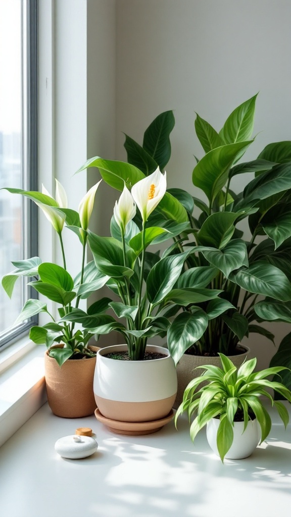 A bright office space with various air-purifying plants on a windowsill.