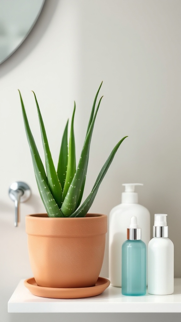 Aloe Vera plant in a terracotta pot with bathroom products nearby.