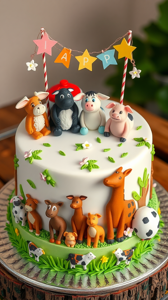 A whimsical cake decorated with various animal figures and a colorful banner saying 'Happy'.