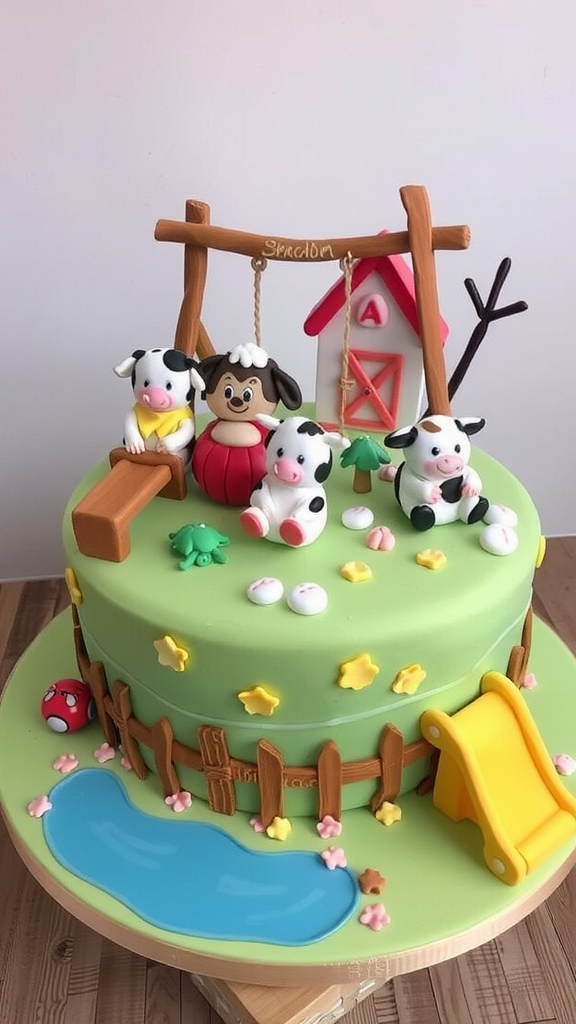 A colorful cake featuring playful animal figures on a swing and a slide, surrounded by a grassy scene.