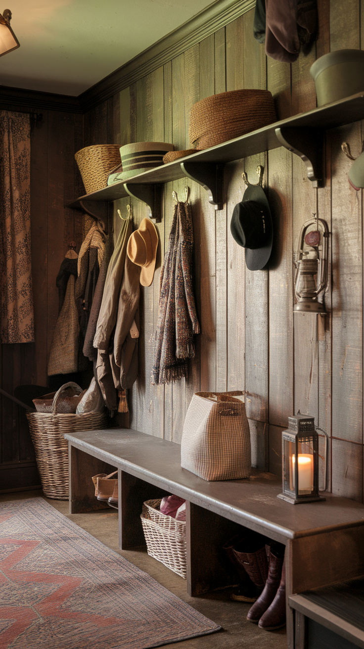 A rustic room with antique hooks holding hats and coats, featuring a cozy seating area and woven baskets.