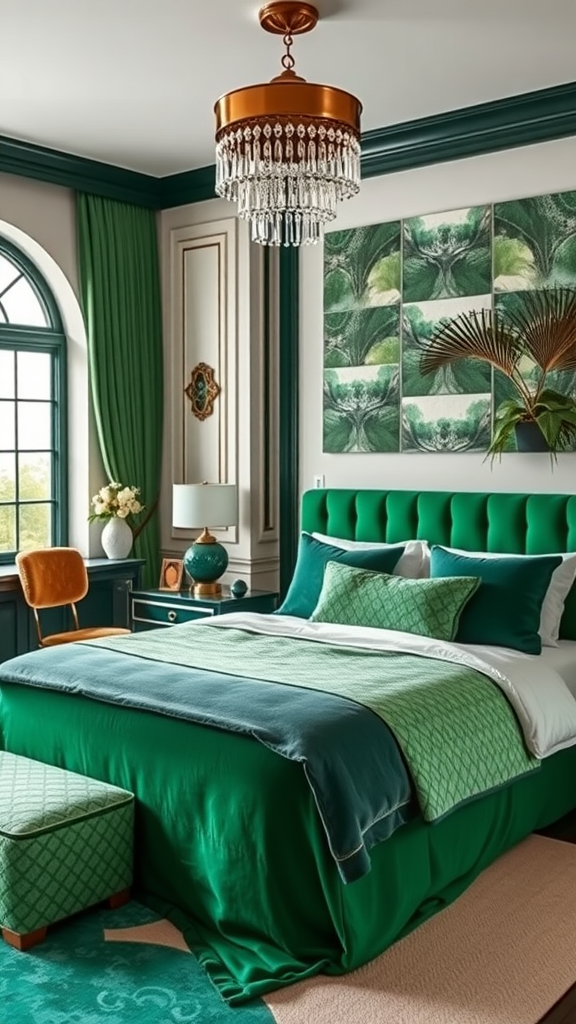 A beautifully decorated bedroom featuring green Art Deco elements, including a tufted green bed, matching curtains, and a stylish chandelier.