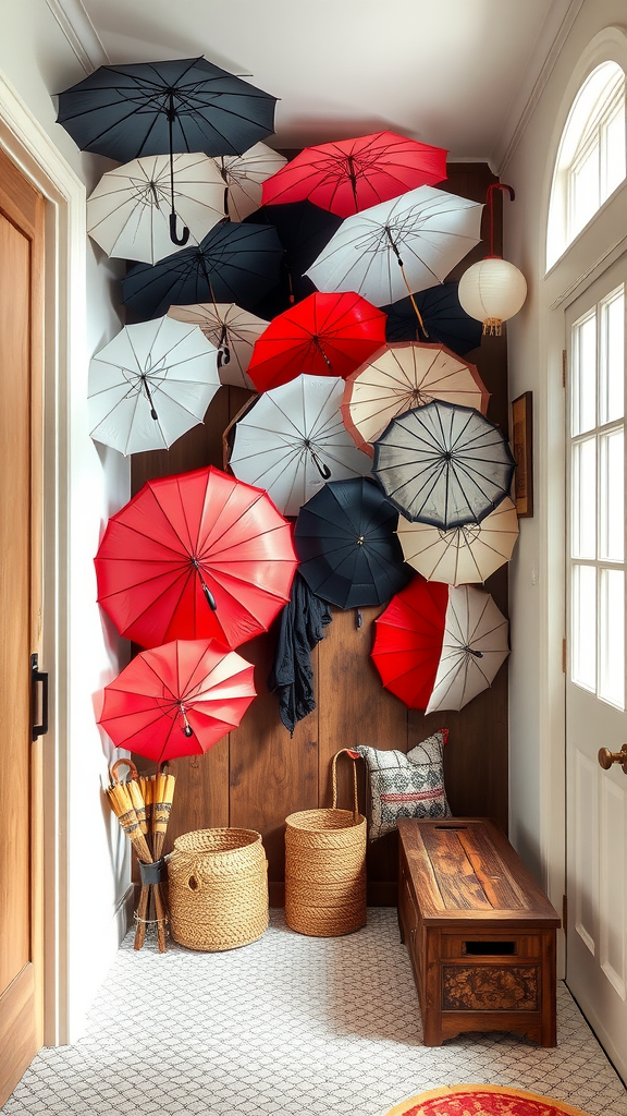 A cozy corner with an artistic display of red, black, and white umbrellas hanging on the wall.