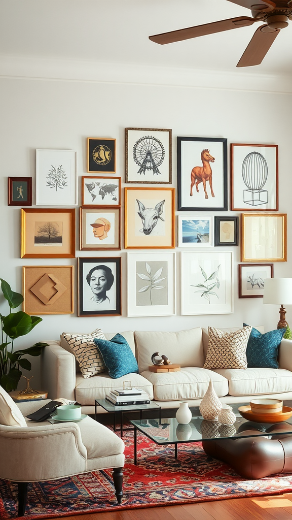 A cozy living room with a gallery wall featuring various framed artworks and a stylish couch.