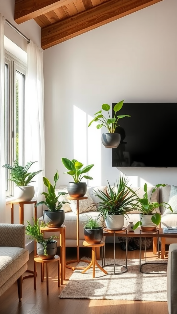 A bright living room filled with various plant stands, featuring different types of plants in stylish pots.