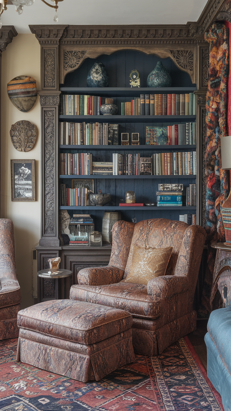 Cozy sitting area with intricately carved wooden shelves, plush armchairs, and decorative items.