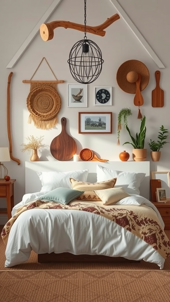 A cozy bedroom featuring artisan handmade decor with woven wall hangings and wooden accents.