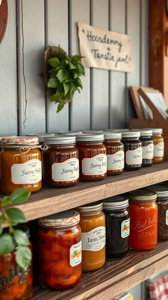 A shelf displaying jars of artisan jams and jellies, some labeled with unique names.