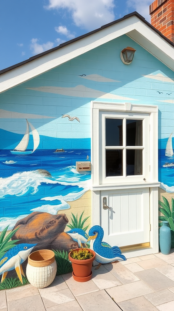 A colorful mural depicting ocean scenes with sailboats, birds, and sea life near a door.