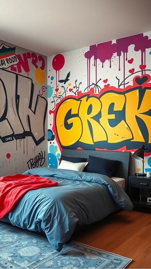 A bedroom featuring vibrant graffiti art on the walls, with a cozy bed and stylish decor.