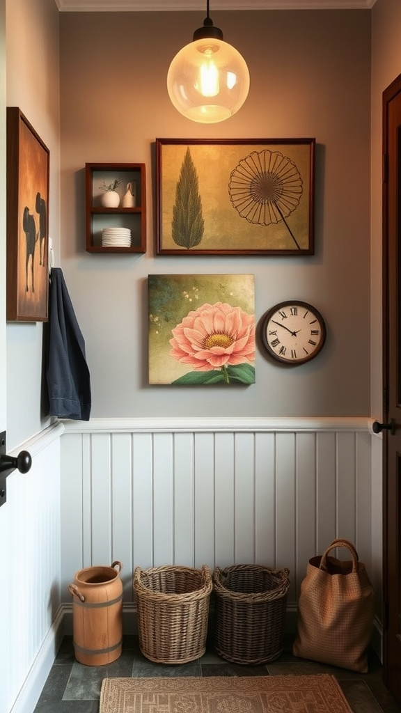 A cozy entryway featuring artistic wall decor, including framed art and a wall clock.