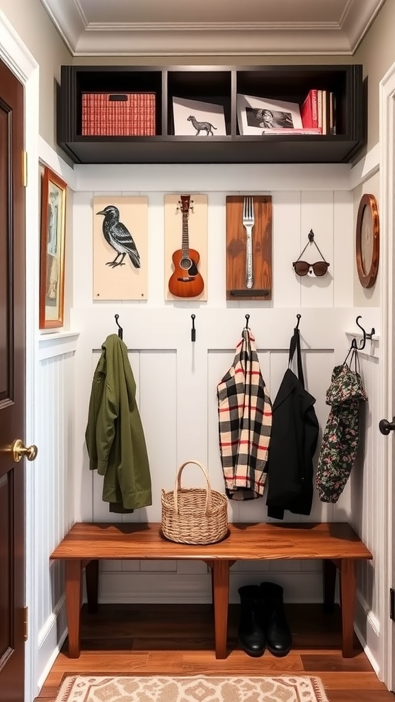 A cozy entryway featuring artistic wall displays with a ukulele, bird print, and decorative forks.