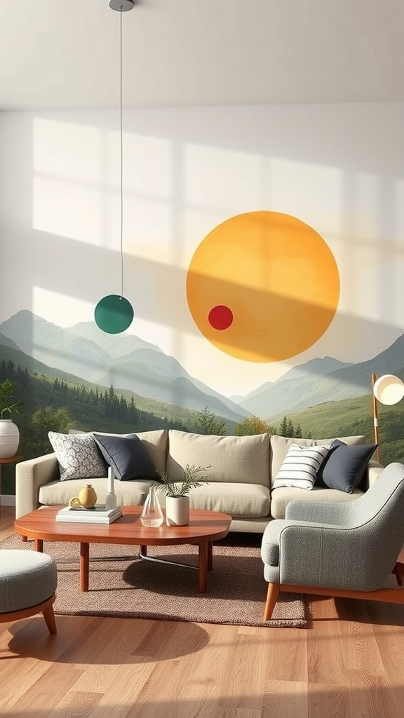 A cozy living room featuring a large artistic wall mural of a sun and mountains.