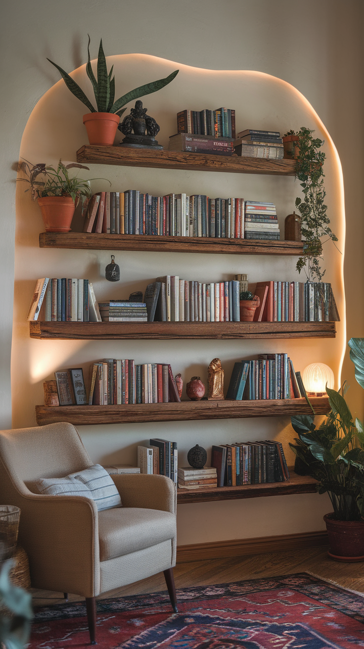 Artistic wall shelves displaying books, plants, and decorative items.