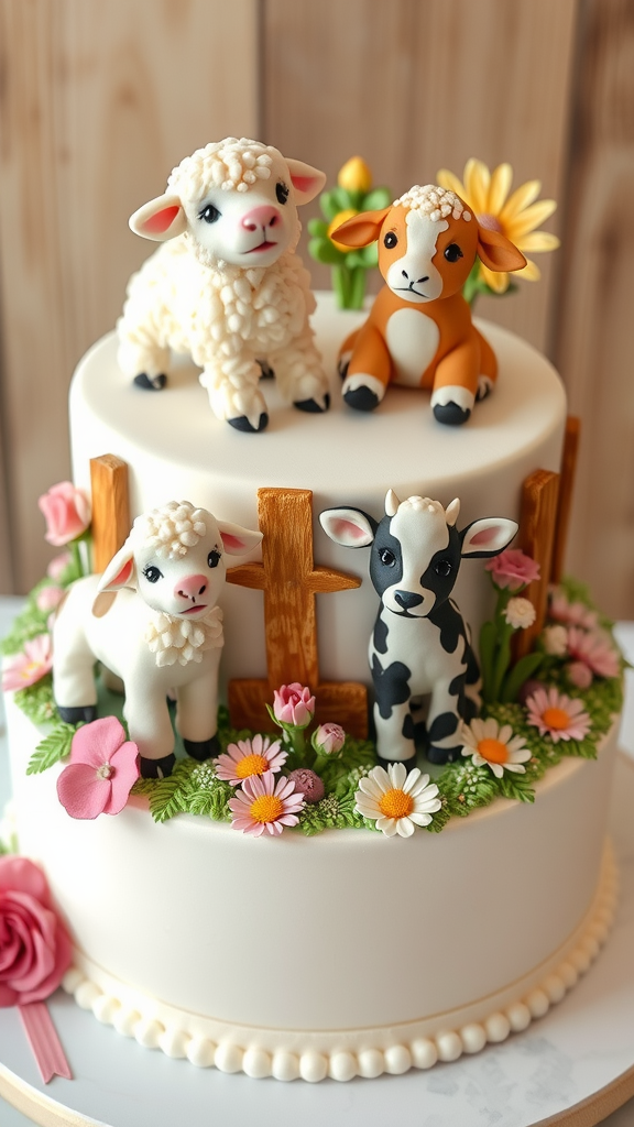 A beautifully decorated cake featuring baby animal figurines such as sheep and cows, surrounded by flowers.