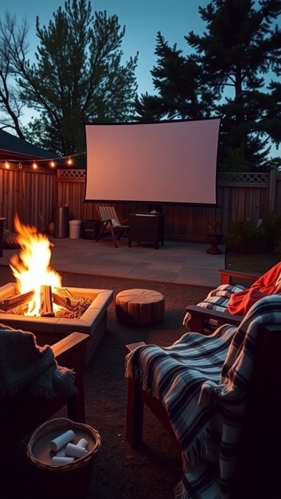 A backyard setup featuring a fire pit, chairs with blankets, and a large screen for movie viewing.