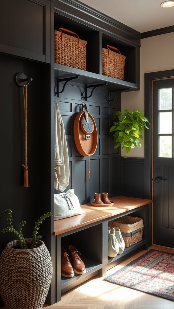 A stylish entryway with dark cabinetry, wooden accents, and organized storage solutions.