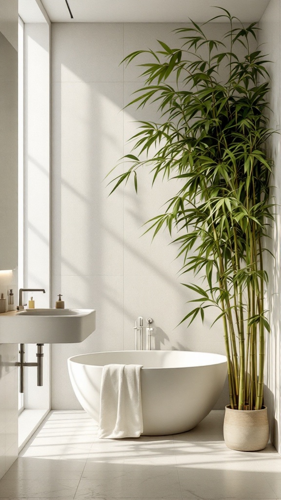 A modern bathroom featuring a large bamboo plant beside a freestanding bathtub.