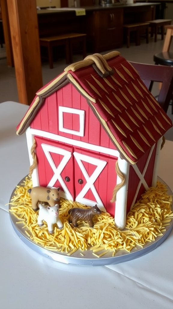 A cake shaped like a red barn with animal figures in front.