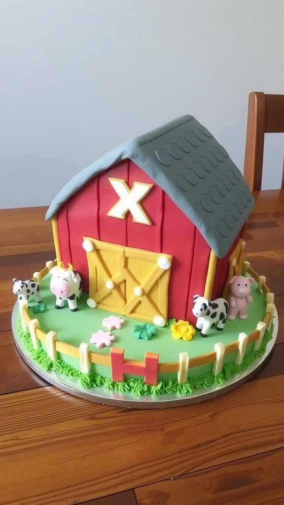 A colorful barn-shaped cake adorned with animal figures and a green grassy base.