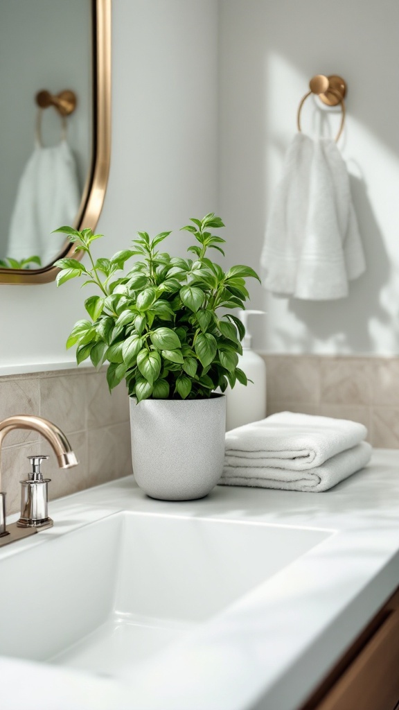 Basil plant in a bathroom setting next to towels.