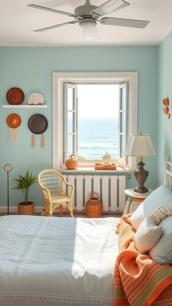 Coastal cottage bedroom with a view of the ocean, featuring soft colors and bohemian decor.