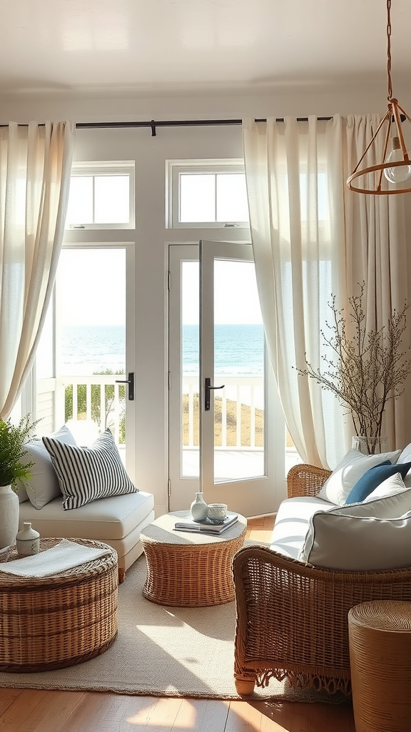 A bright and airy living room with beachy textiles and a view of the ocean.