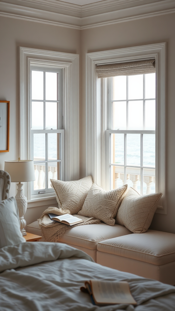 Cozy window seat with cushions in a coastal cottage bedroom, overlooking the ocean.