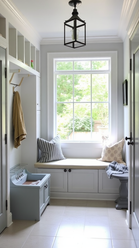 A bright and inviting mudroom with a window seat, soft pillows, and storage options.