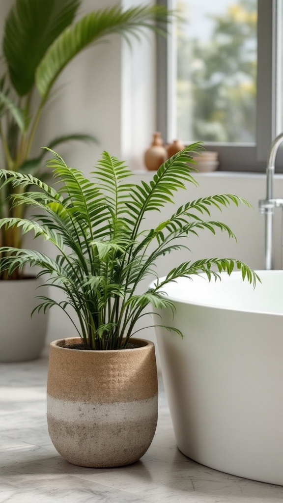 A vibrant Bird's Nest Fern in a stylish pot, placed next to a modern bathtub in a bright bathroom.