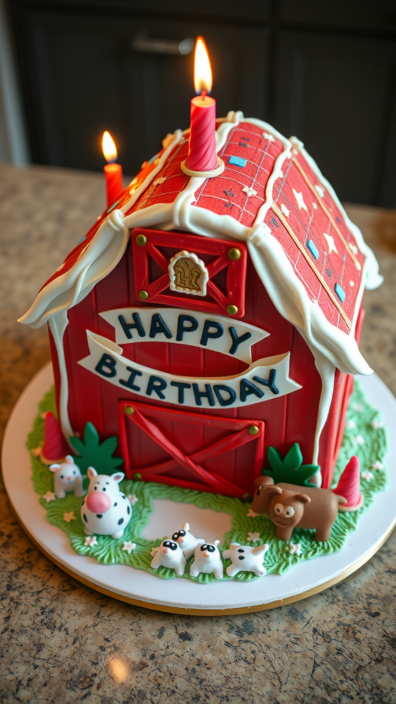 Colorful barn-shaped birthday cake with candles and farm animal decorations.