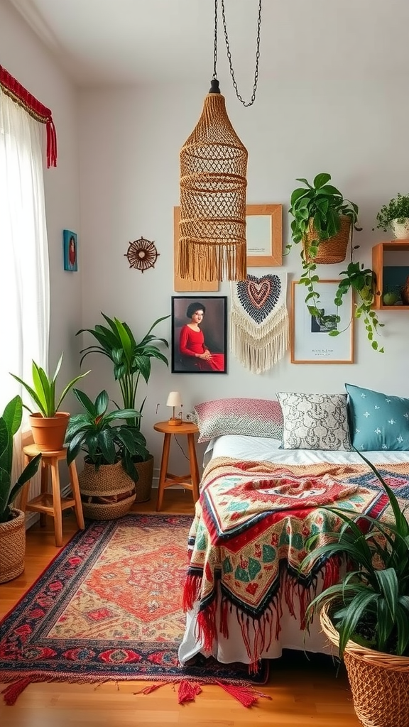 A cozy bohemian-style bedroom with plants, colorful textiles, and unique decor.