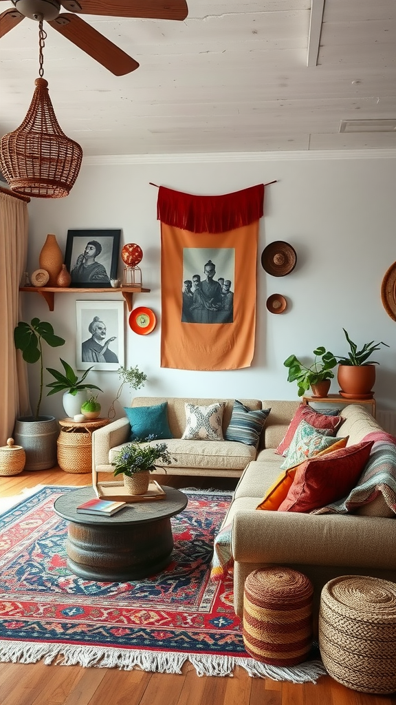 A cozy living room featuring bohemian style elements, including colorful cushions, a patterned rug, and decorative wall art.