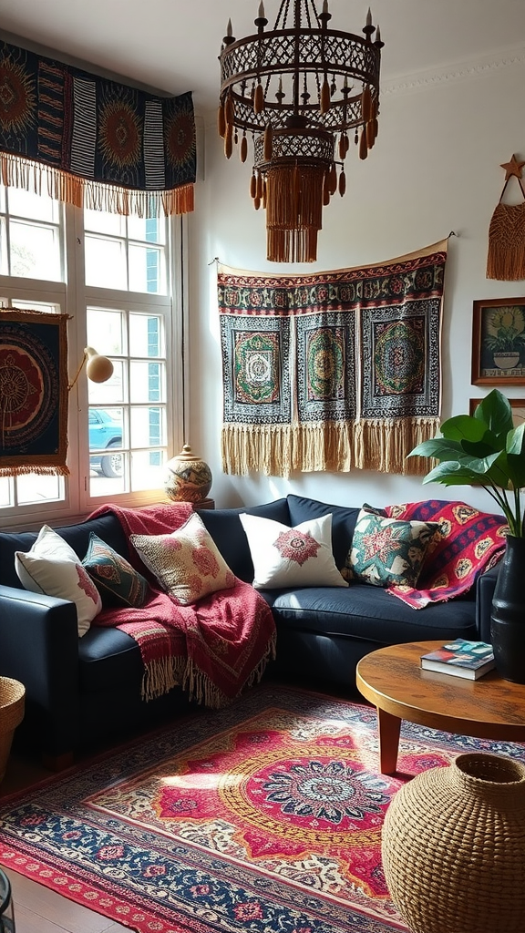 Cozy living room with bohemian textiles and throws