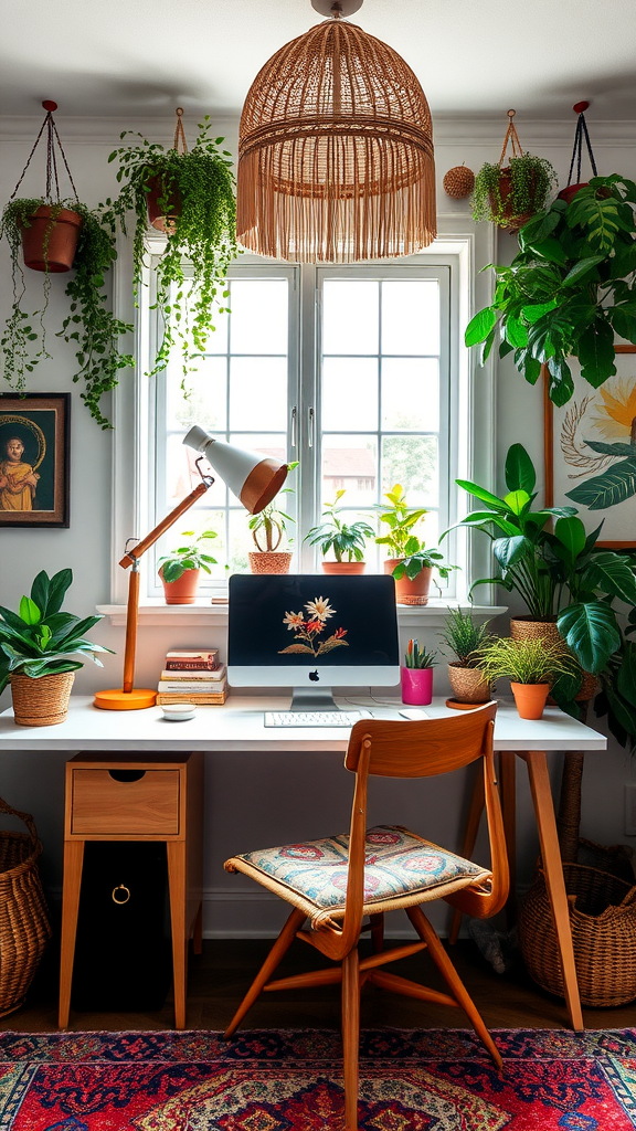 A cozy workspace filled with plants, a desk, and a stylish chair.