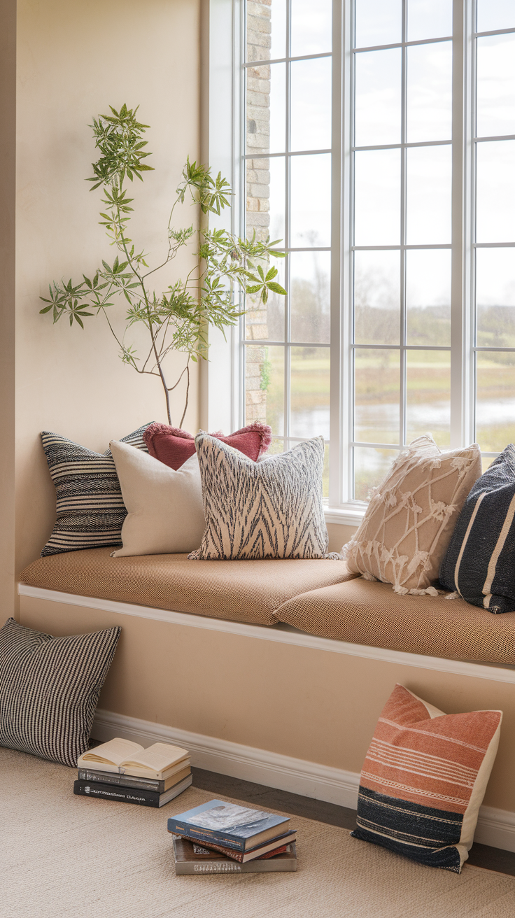 A cozy window seat with pillows and a plant, surrounded by light.