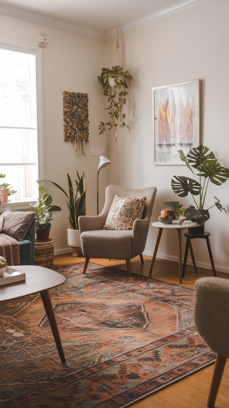 Cozy living room featuring a boho-chic area rug, plants, and a comfortable chair.