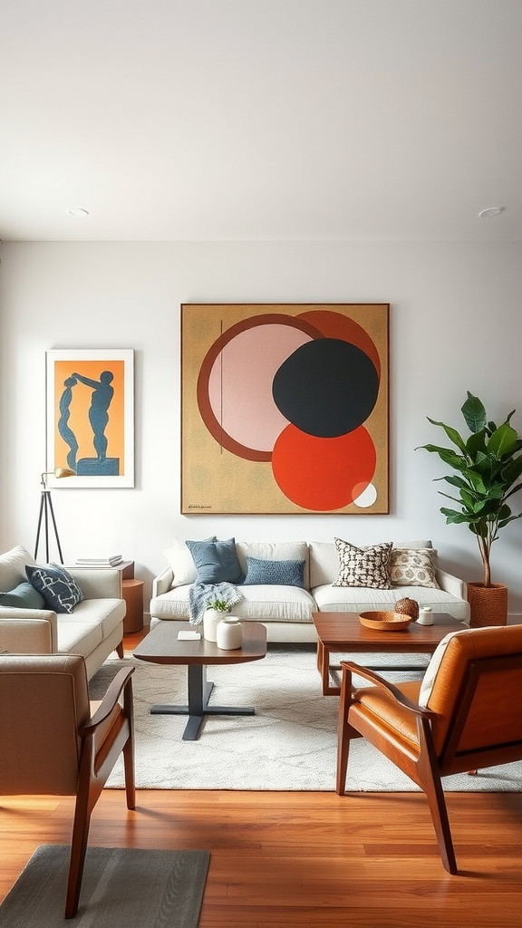 A stylish living room featuring bold artwork on the wall, with modern furniture and a bright, inviting atmosphere.