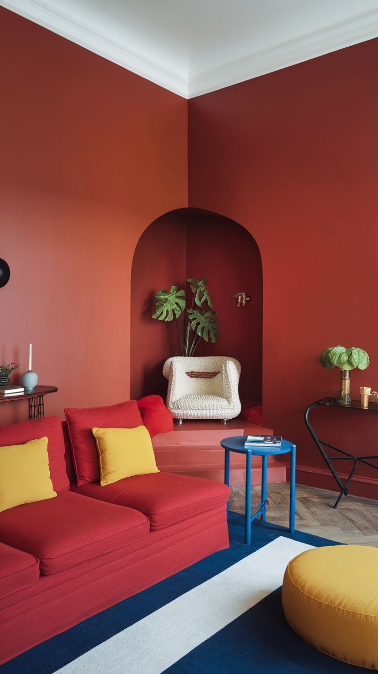 A cozy living space featuring bold red walls, bright yellow pillows, and a mix of furniture pieces.